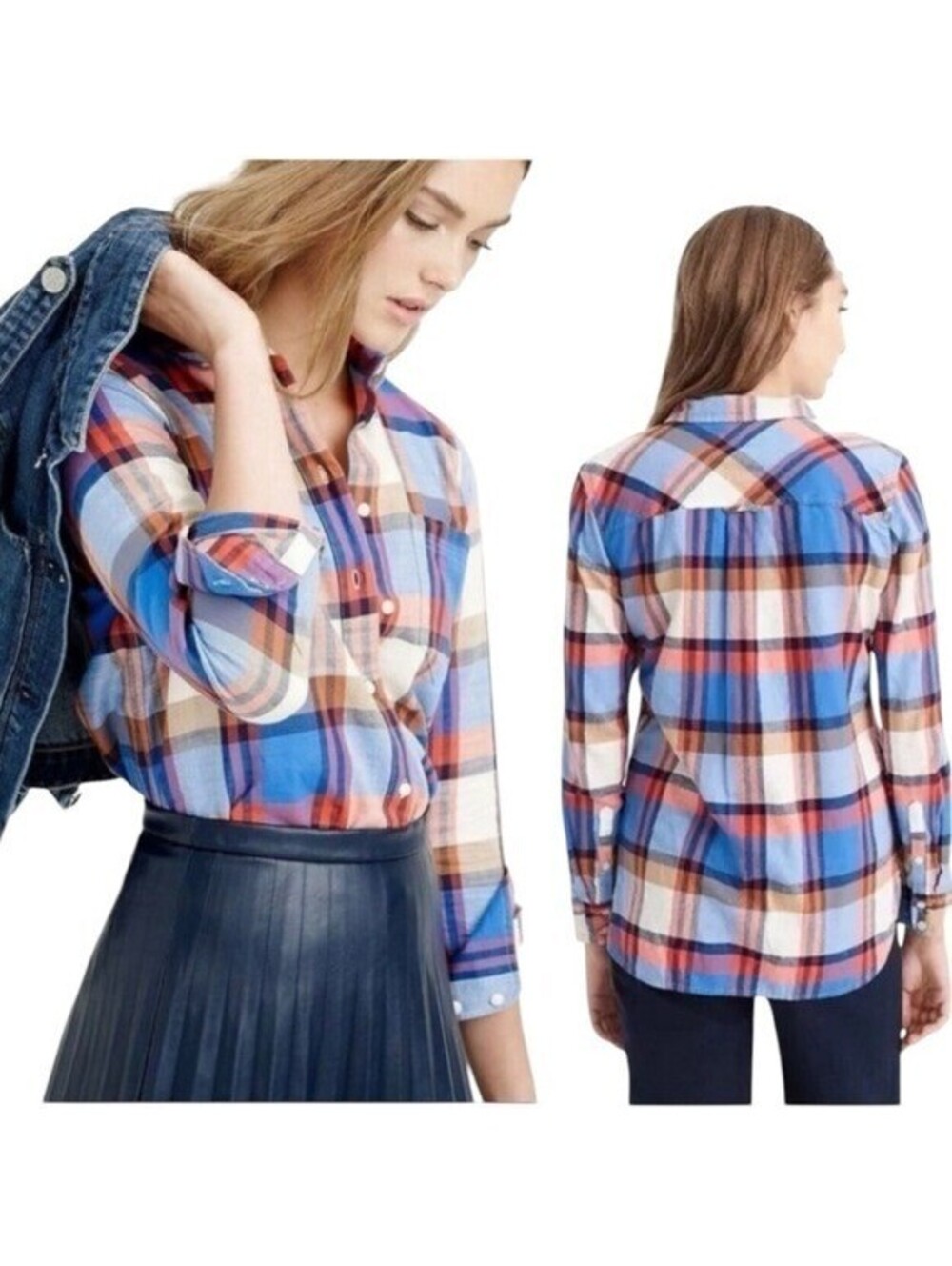 J. Crew Womens Plaid Button Down Long Sleeve Casual Top Blue Red Brown Size 2P